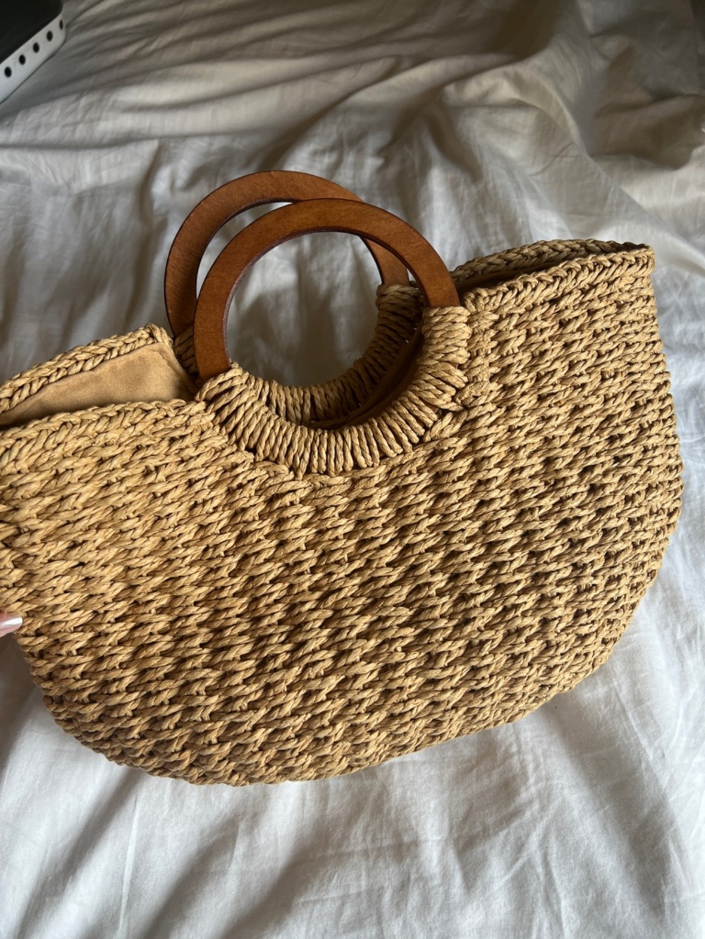 Woven Straw Tote Bag with Wooden Handles - Natural